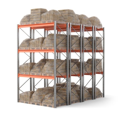 Стеллаж двойной глубины 4500х2700х1100 мм. Ярусы: пол+3 (г/п 1800 кг на ярус)