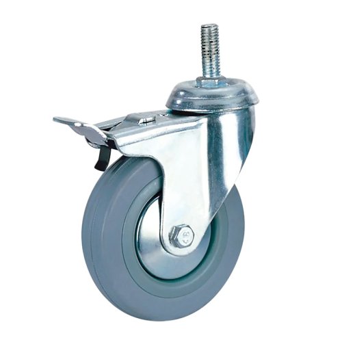 Колесо из резины, поворотное с тормозом, болтовое крепление, колесо ⌀125 мм - серая резина